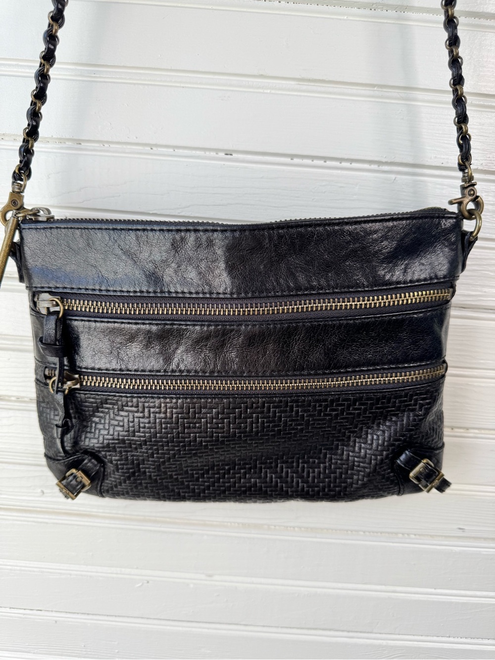 Elliott Luca Messina Black Leather Crossbody Bag with embossed Detail
